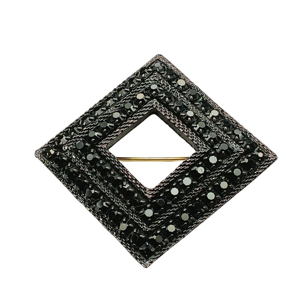 Vintage French Jet Japanned Mourning Brooch Square or Diamond Shaped Black Cryst